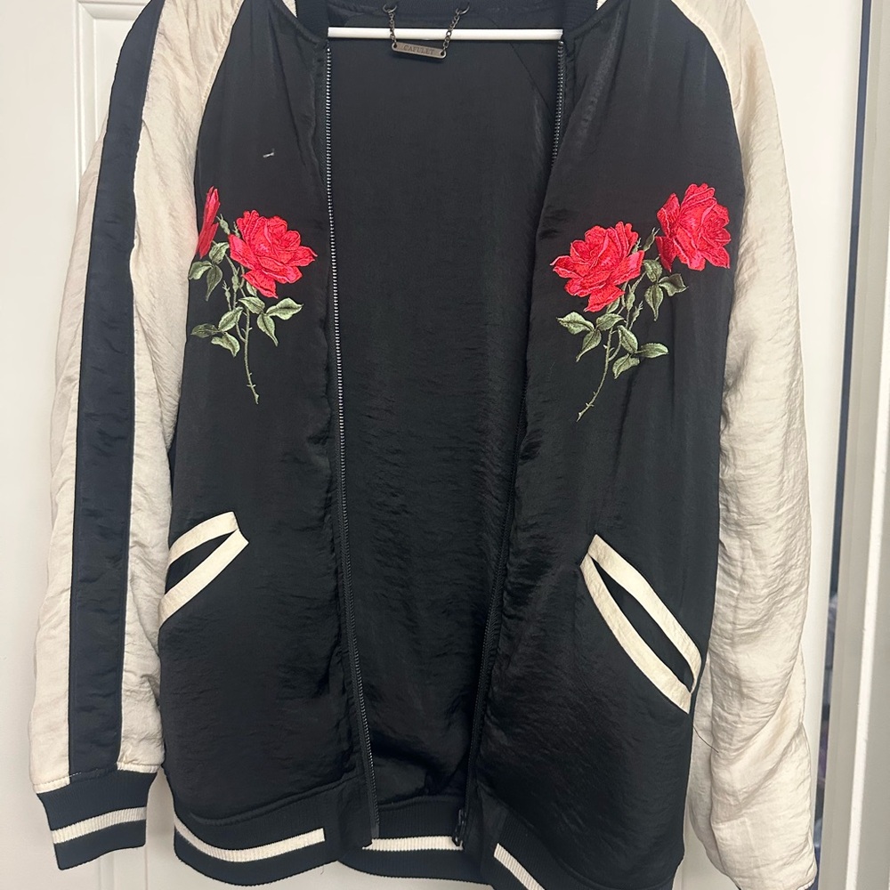 Capulet Black and White Bomber Jacket with Floral Embroidery